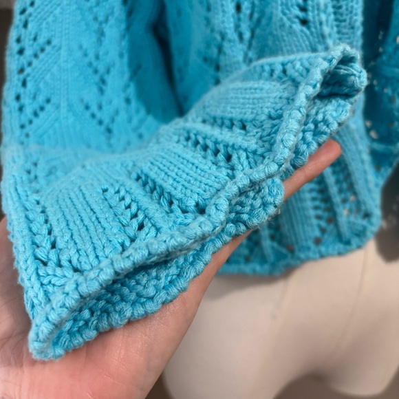 Vtg Blue Crochet Knit Open Front Cardigan Shrug Size Large Ruffles Y2K - Picture 10 of 11